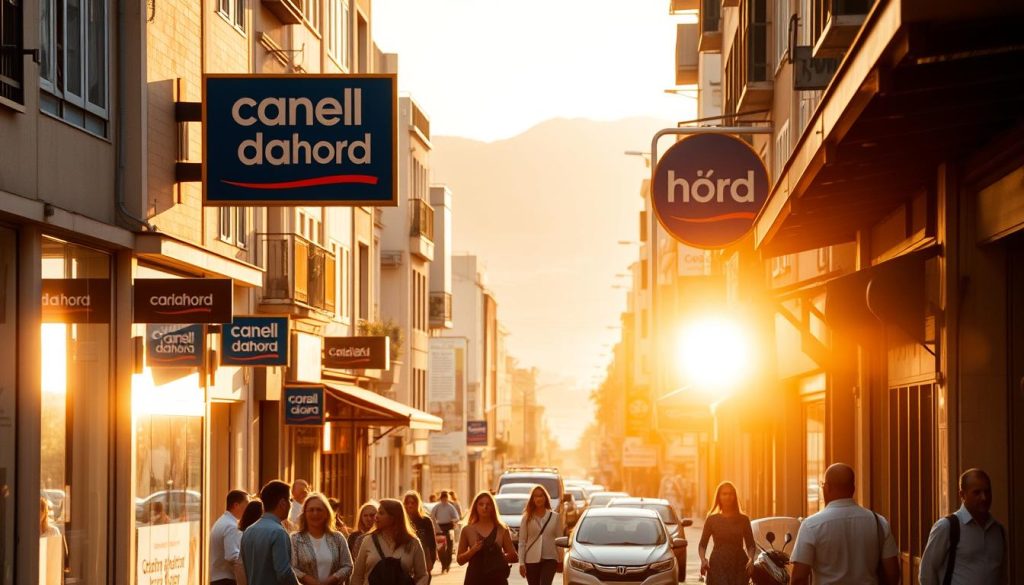 A bustling city street at golden hour, with the Canal da Hora brand signage prominently displayed on a local business facade. Warm, inviting lighting bathes the scene, highlighting the diverse array of shops, cafes, and pedestrians going about their daily activities. In the foreground, a group of people can be seen engaged in lively conversation, while the middle ground features a mix of storefronts, street vendors, and vehicles. The background gradually fades into a hazy, atmospheric cityscape, conveying a sense of local community and vibrant urban life.
