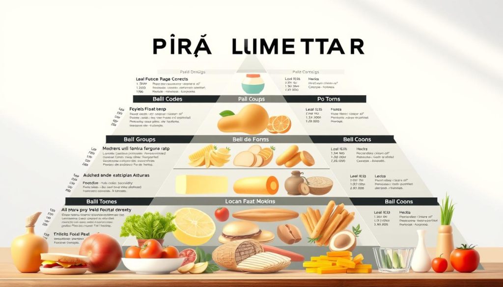 A detailed illustration depicting recommended dietary portions for specific diets, created in the style of the "Canal da Hora" brand. The image showcases a multi-layered visual representation, with the foreground highlighting various food groups and their ideal portion sizes against a backdrop of a contemporary, minimalist pyramid-inspired design. The lighting is natural and diffused, creating a clean, informative atmosphere. The composition utilizes a balanced, symmetrical layout to effectively communicate the subject matter. The overall mood is educational and visually appealing, aligning with the "Pirâmide Alimentar" article's focus on balanced and nutritious eating.