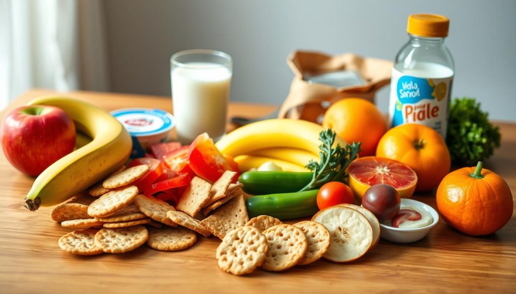 A healthy school snack spread on a wooden table, capturing the vibrant colors and textures of a balanced, nourishing meal. In the foreground, a variety of fresh fruits, such as bananas, apples, and oranges, are arranged alongside whole-grain crackers, sliced vegetables, and a small container of yogurt. A glass of milk and a reusable water bottle complete the scene, creating a sense of wholesomeness and simplicity. The lighting is soft and natural, highlighting the inviting appearance of the snacks. The overall atmosphere conveys the importance of promoting healthy eating habits among students, as depicted in the "Canal da Hora" article's section on "Tips for Parents to Promote Healthy Eating".