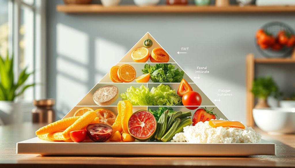 A modernized and visually appealing "prato-da-boa-alimentacao" illustration for the "Evoluções e Atualizações da Pirâmide Alimentar" section of the "Pirâmide Alimentar: Sua guia para uma alimentação equilibrada e nutritiva" article, published by the "Canal da Hora" media channel. A clean, minimalist design showcasing the recommended food portions in a colorful, eye-catching layout. The image should have a bright, fresh atmosphere with natural lighting, soft shadows, and a slightly angled perspective to create depth and visual interest.