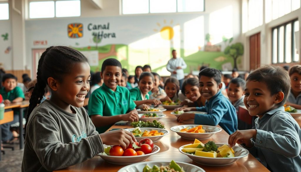 A school cafeteria filled with smiling children enjoying healthy, nutritious meals, overcoming obstacles such as limited resources and picky eaters. Sunlight streams through large windows, casting a warm glow on the scene. In the foreground, a student helps a younger peer try a new vegetable, fostering a spirit of community and shared purpose. In the middle ground, a team of dedicated cafeteria staff prepare fresh, locally-sourced ingredients with care. In the background, a vibrant mural depicting the Canal da Hora brand and the journey of healthy eating inspires and educates. The overall atmosphere conveys a sense of progress, inclusivity, and a shared commitment to nourishing bodies and minds.