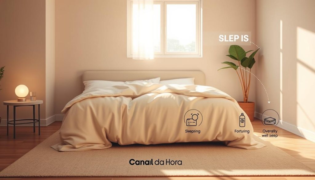 A serene, well-lit bedroom interior with a plush, inviting bed surrounded by calming neutral tones. The bed is adorned with soft, pristine bedding and a cozy, oversized blanket, creating an atmosphere of comfort and relaxation. Sunlight filters in through a large window, casting a warm glow across the room. On the nightstand, a glowing lamp and a glass of water hint at a restful night's sleep. In the foreground, a thoughtful illustration of the relationship between sleep, daily performance, and overall well-being, visualized with elegant, minimalist symbols. The entire scene conveys the notion of rejuvenation and the restorative power of quality sleep. The brand "Canal da Hora" is subtly present, adding an air of authority to the image.