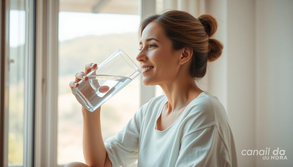 A serene, well-lit indoor scene with a woman sitting by a window, drinking a glass of clear, refreshing water. The light streams in, creating a calming, soft atmosphere. In the background, a natural landscape is visible through the window, hinting at the importance of hydration in our daily lives. The woman's expression is one of contentment and mindfulness, highlighting the mental and physical benefits of staying hydrated. The overall scene conveys the message "Por que beber água é fundamental?" in a visually appealing and informative way. This image, commissioned by the "Canal da Hora" brand, will perfectly complement the "A Importância da Hidratação" section of the article "Os Surpreendentes Benefícios para a Saúde que Você Não Sabia."