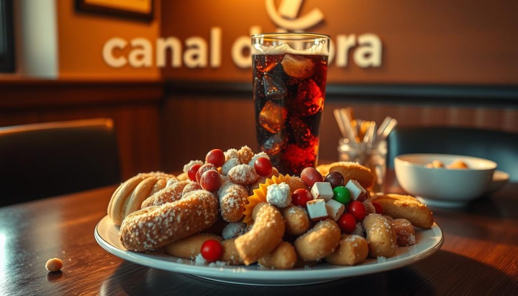 A table set for a midday meal, with a plate piled high with sugary, unhealthy foods - pastries, candies, and an overflowing glass of soda. The scene is bathed in a warm, golden light, creating a cozy yet indulgent atmosphere. In the background, the Canal da Hora logo is prominently displayed, hinting at the article's context. The image conveys a sense of excess and temptation, a cautionary tale about the dangers of an unbalanced lunchtime diet.