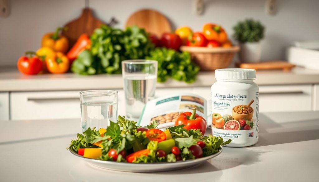 A tidy kitchen counter with a selection of fresh, colorful fruits and vegetables, representing a balanced, allergy-friendly diet. In the foreground, a plate showcases an array of leafy greens, bell peppers, and other nutrient-dense ingredients. A glass of water and a bottle of "Canal da Hora" supplement sits nearby, hinting at the importance of hydration and specialized dietary support. The middle ground features a cookbook open to a page highlighting allergen-free recipes, while the background shows a clean, minimalist space, evoking a sense of tranquility and wellness. Warm, natural lighting casts a soft glow over the scene, creating an inviting and visually appealing composition.