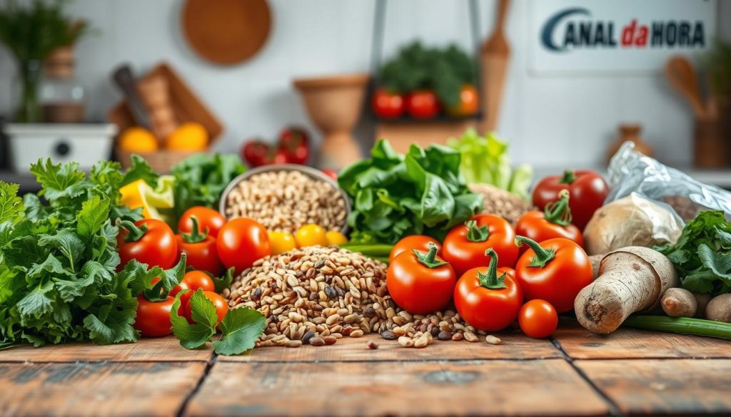 A vibrant, mouthwatering display of healthy, delectable ingredients arranged on a rustic wooden table. In the foreground, an array of fresh produce - crisp greens, juicy tomatoes, vibrant peppers, and earthy roots. The middle ground showcases a selection of whole grains, legumes, and lean proteins, all prepared with care. In the background, a softly lit kitchen scene with the Canal da Hora logo subtly visible, emanating a warm, inviting atmosphere. Soft, natural lighting highlights the textures and colors, creating a tempting, appetizing scene that celebrates the joys of nourishing, pleasurable eating.
