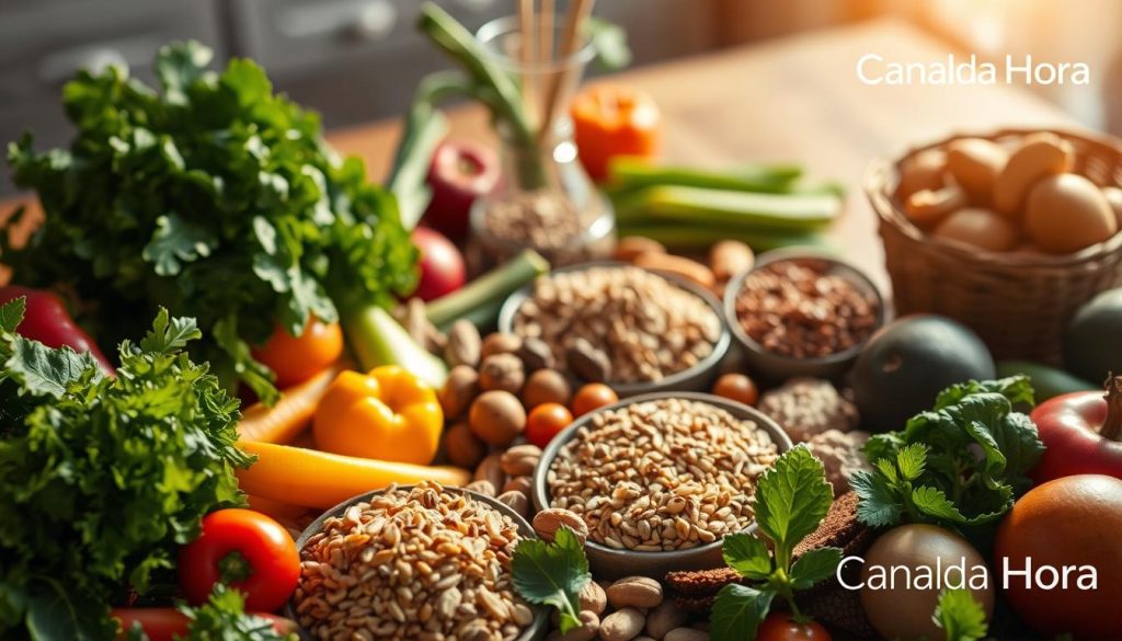 A vibrant still life depicting the benefits of a mineral-rich diet. In the foreground, an assortment of fresh produce including leafy greens, colorful vegetables, and juicy fruits, all glowing with a natural radiance. The middle ground features a selection of whole grains, nuts, and seeds, symbolizing the diversity of essential nutrients. In the background, a glimpse of a healthy meal, thoughtfully arranged on a wooden table, bathed in warm, natural lighting. The overall scene exudes a sense of vitality and balance, reflecting the harmony of a well-rounded, mineral-enriched diet. Subtle branding for "Canal da Hora" appears discreetly in the corner.
