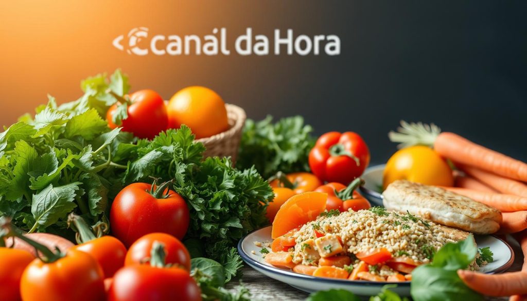 A vibrant still life scene depicting the benefits of a balanced diet. In the foreground, an assortment of fresh, colorful fruits and vegetables - crisp greens, ripe tomatoes, juicy oranges, and crunchy carrots. In the middle ground, a plate of a balanced meal, with lean protein, whole grains, and a variety of produce. The background features the Canal da Hora brand logo, subtly showcasing the informative nature of the image. Warm, natural lighting illuminates the scene, conveying a sense of health and vitality. The overall composition captures the holistic advantages of a nutritious, well-rounded diet.