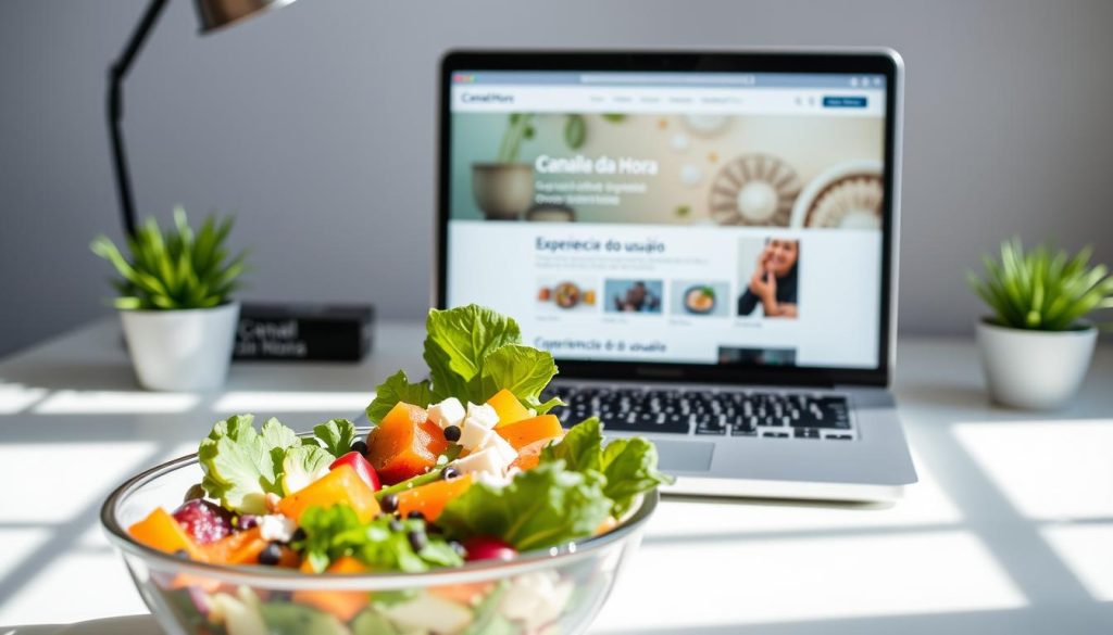 A well-balanced, visually appealing website with a clean, modern layout. In the foreground, a vibrant, organic salad or smoothie bowl, shot from above with natural lighting, showcasing a variety of fresh, colorful ingredients. In the middle ground, a laptop or tablet displaying a website with a user-friendly interface, highlighting the "Experiência do usuário" section. In the background, a minimalist desk setup with the "Canal da Hora" branding subtly present, creating a cohesive, professional atmosphere. The overall mood is one of health, productivity, and a harmonious user experience.