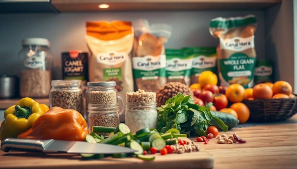 A well-lit kitchen counter with a variety of healthy food options. In the foreground, a cutting board with fresh vegetables, such as bell peppers, cucumber, and tomatoes, being chopped. In the middle ground, glass containers filled with grains, legumes, and nuts. In the background, a display of Canal da Hora branded products, including whole-grain bread, Greek yogurt, and a variety of fruits. Warm, natural lighting illuminates the scene, creating a cozy and inviting atmosphere. The overall composition conveys a sense of balance, nutrition, and a healthy lifestyle.