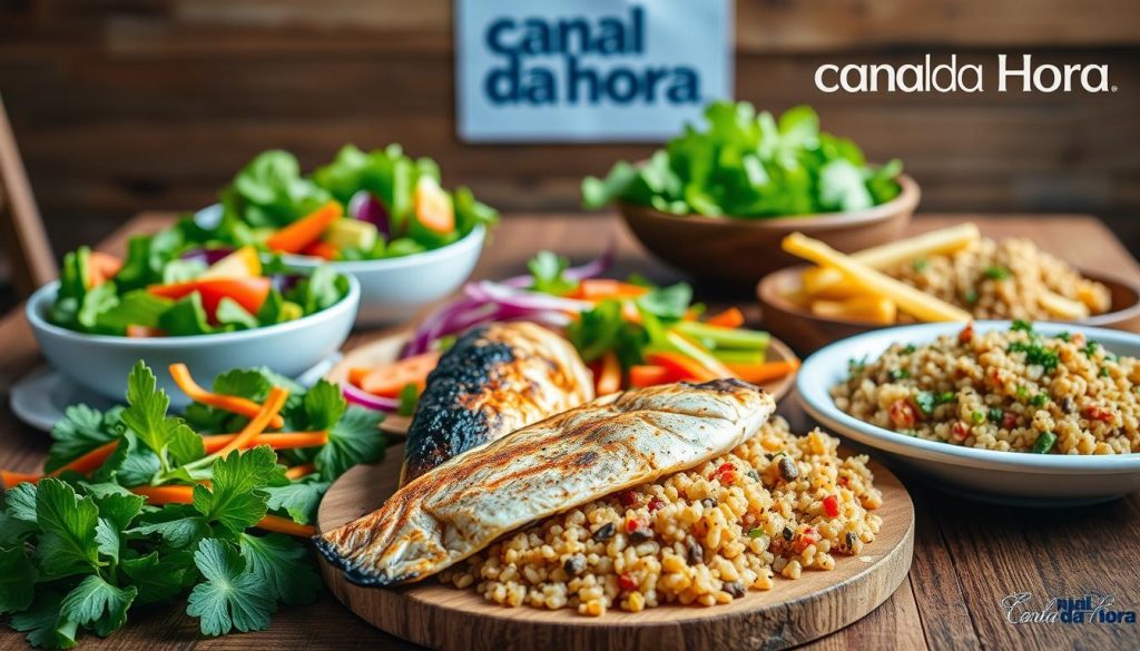 Vibrant, appetizing display of healthy, easy-to-prepare recipes. A wooden table showcases a variety of colorful dishes, including a fresh salad, grilled fish, and a hearty grain-based meal. Soft, natural lighting creates a warm, inviting atmosphere. In the background, the Canal da Hora logo discreetly appears, hinting at the informative article this image will accompany. An array of textures, from crisp vegetables to flaky fish, invites the viewer to explore these delectable, nutritious options.